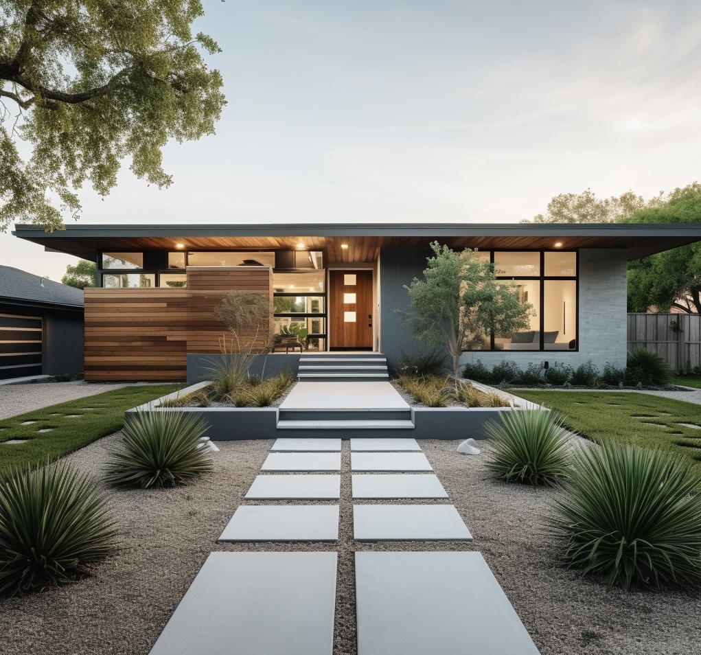 Architectural rendering of a mid-century modern home by Modern Renders, featuring clean lines and landscaped garden.