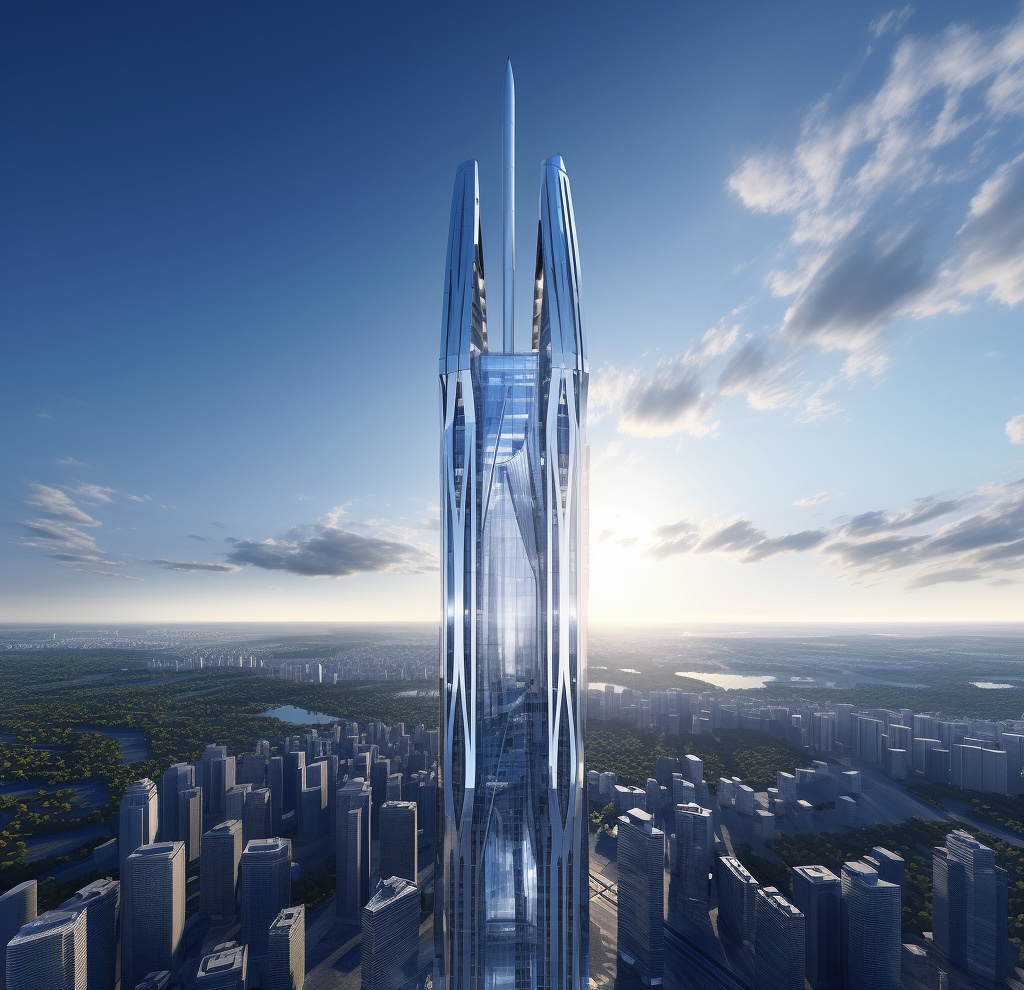 Futuristic skyscraper architectural rendering by Modern Renders, showcasing innovative design against a cityscape at dawn.