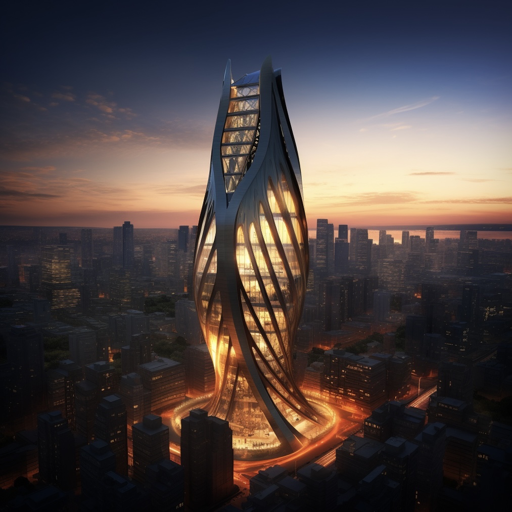 Dusk view of a photorealistic rendering of an asymmetrical skyscraper by Modern Renders, illuminated against the city skyline.